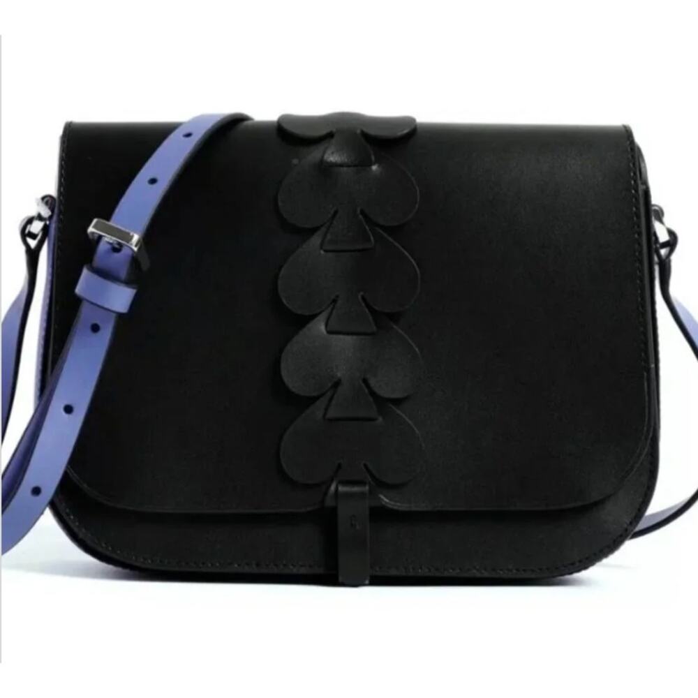 KATE SPADE Nadine Woven Spade Medium Flap Shoulder Leather Black/Violet NWT - Picture 2 of 4